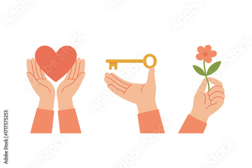 Vector set of hands holding love symbols. Hands with a heart, a key, and a flower. Charity, donation, and sharing concept for Valentine's Day. Flat cartoon icons illustration.