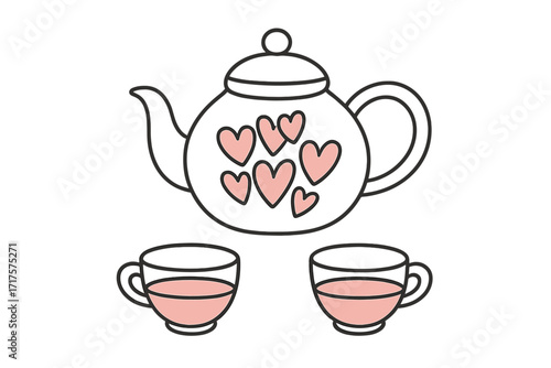 Happy Valentine's Day vector with a teapot full of love hearts and two cups. Cute line art for romance, love potion, tea for two, couple date, romantic breakfast and drink.