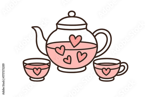 Valentine's Day vector illustration. Cute glass teapot with pink love potion and hearts inside. Two cups for a couple's tea party. Romance, dating, and love concept.