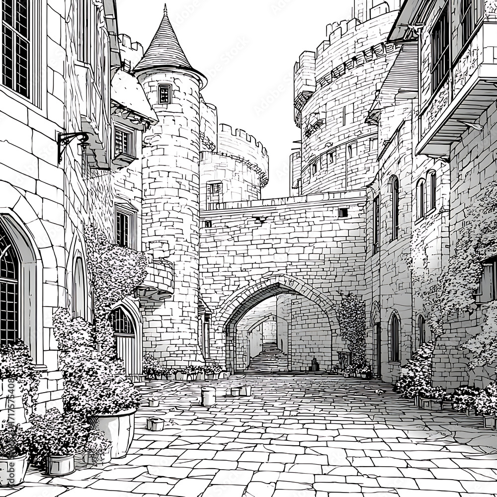 Obraz premium Castle Courtyard Coloring Page Bold Thick Lines