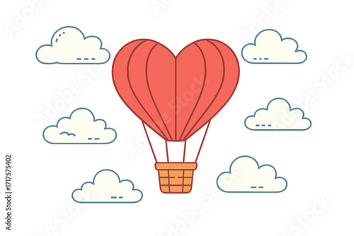 Heart shape hot air balloon in sky with clouds. Valentine's day greeting card. Romantic love journey, wedding, honeymoon adventure. Flat vector illustration of airship flight.