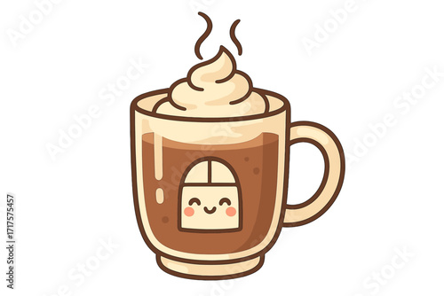 Cute coffee cup with whipped cream and happy face window sticker. Kawaii hot chocolate for winter cafe menu. Cozy hygge isolated vector icon for beverage and drink design.