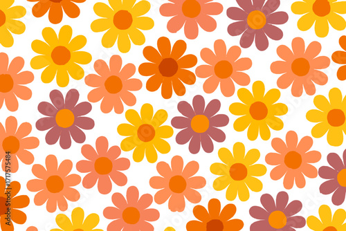 Retro 70s seamless pattern. Groovy daisy floral background. Vintage flower power illustration. Seventies style flat vector with grainy texture. Nostalgic warm color palette.