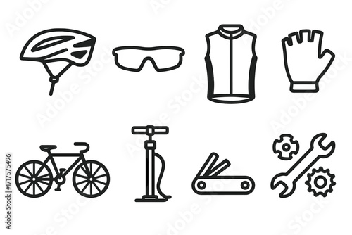 Set of cycling gear line icons. Bicycle equipment and accessories vector collection. Includes bike, helmet, sunglasses, vest, glove, pump, multi-tool and repair tools icons.