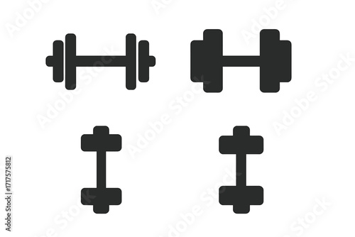Dumbbell icon set for fitness and gym design. Minimalist black silhouette vector collection. Bodybuilding, weightlifting, and workout equipment symbols. Simple graphic elements.