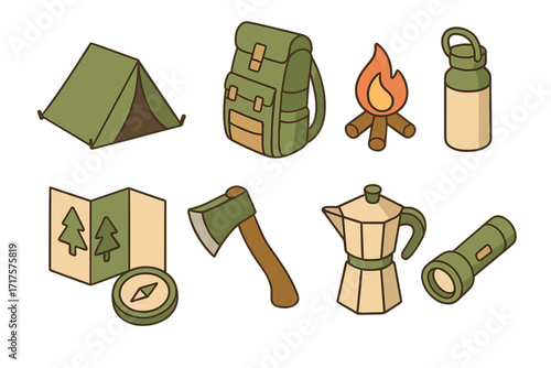 Camping and hiking essentials icon set. Isometric vector illustration of outdoor adventure equipment. Travel gear collection with tent, backpack, fire, map, compass, axe, coffee pot.