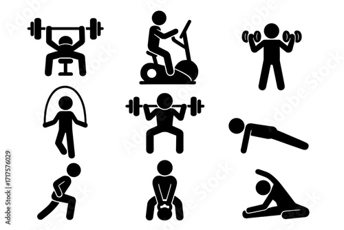 Fitness icons set. Stick figure pictograms exercising with gym equipment and in workout poses. Vector symbols for cardio and strength training. Bodybuilding and athletic people.