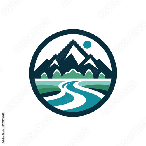 Scenic landscape logo featuring mountains, a river, and a sun in a circular design