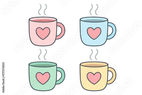 Cute pastel color mug set with hearts. Four cups with hot drink steam. Love, romance, and friendship concept. Vector flat cartoon illustration isolated on white background. Cozy cafe element.