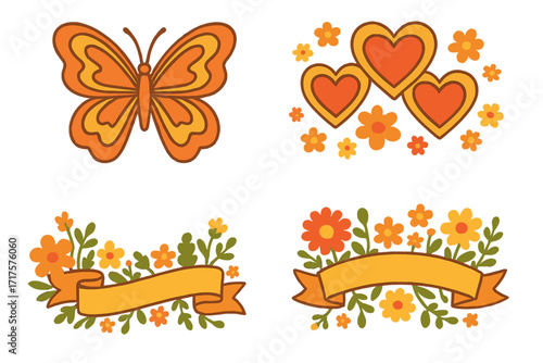 Groovy retro hippie style elements collection. Set of 70s butterfly, hearts, flower power banners. Vintage 60s floral design for stickers, posters. Flat vector illustration.