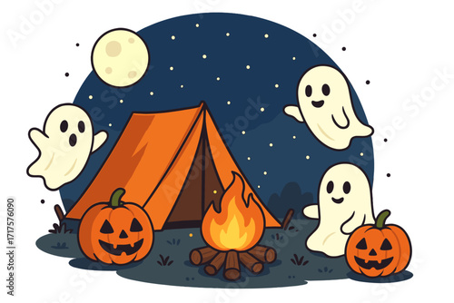 Cute Halloween camping with friendly ghosts, jack o'lanterns, and campfire under a starry night sky. Spooky outdoor adventure holiday concept. Kids cartoon vector illustration.
