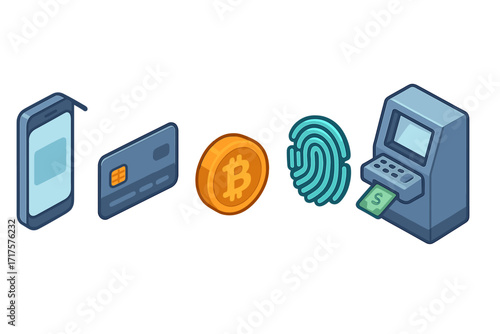 Isometric digital finance icon set. Smartphone for mobile banking, credit card payment, cryptocurrency like bitcoin, fingerprint for security, and ATM for cash withdrawal. Vector.