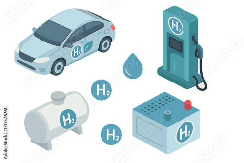 Isometric hydrogen fuel technology set. H2 car at refueling station, storage tank, and fuel cell. Clean, green, renewable energy vector illustration collection. Eco power concept.
