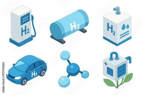 Isometric hydrogen fuel technology elements. Green energy vector icon set. H2 car, charging station, storage tank and fuel cell. Sustainable alternative power concept illustration.