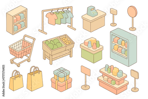 Isometric shopping elements set. Vector cartoon illustration of retail store displays, supermarket cart, shelves, clothing rack, and checkout. Isolated pastel icons for commerce.