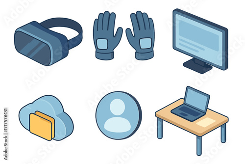 Isometric tech objects for virtual reality and metaverse. Vector icon set includes VR headset, gloves, screen, cloud storage, user profile avatar, and a laptop on a desk.