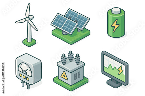 Renewable energy isometric icon set. Green power generation concept. Wind turbine, solar panel, battery storage, transformer, meter, monitoring icon. Eco friendly electricity.