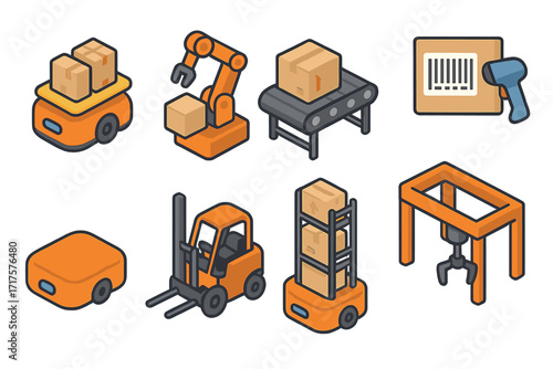 Isometric warehouse automation icons. Smart logistics, distribution center tech. Robot arm, conveyor, forklift, AGV, barcode scanner. Package delivery system. Industry 4.0 process.