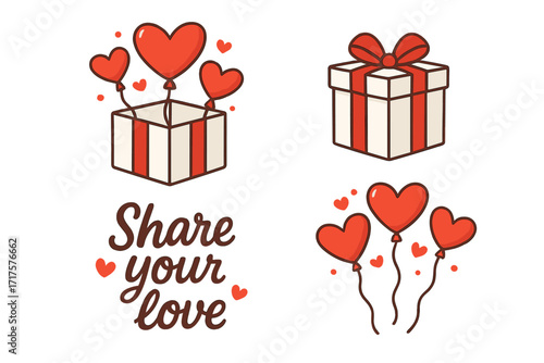 Valentine's day gift box vector icon set. Red heart balloons from an open surprise present. Share your love lettering quote. Romance celebration sticker pack for charity.