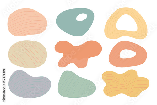 Collection of hand-drawn abstract shapes. Organic doodle elements with linear texture in pastel colors. Minimalist art forms for stylish social media stories and backgrounds.
