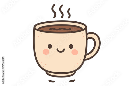 Cute coffee cup character with a smiling face. Kawaii hot drink mug mascot. Vector hand-drawn cartoon for cafe, menu, or breakfast. Happy morning beverage illustration.