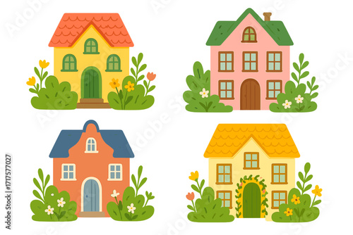 Set of cute cartoon houses with spring flowers and gardens. Colorful collection of trendy flat design buildings. Vector illustration for real estate, neighborhood, or village concepts.
