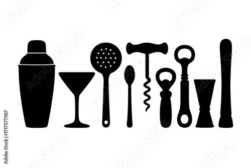 Bar tools silhouette icon set. Vector illustration of bartender equipment for making cocktails. Includes shaker, jigger, muddler, strainer, corkscrew, and bottle opener.