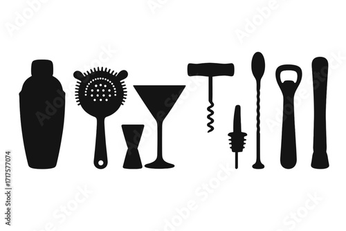 Bar tools silhouette set for cocktail making. Bartender equipment vector icons. Mixology concept with shaker, jigger, strainer, muddler, glass, and bottle opener.