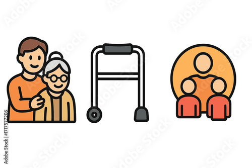 Elderly care icon set. Senior people assistance, family support, caregiver, nursing home concepts. Vector symbols for retirement, aging population, disability and medical aid.