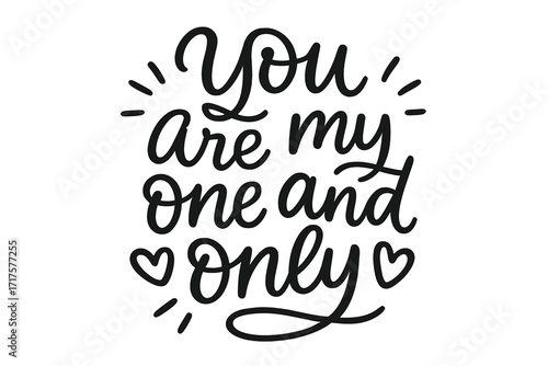 You are my one and only handwritten lettering phrase, black and white calligraphy style for Valentine's Day, wedding celebration, romantic greeting card design, love quote decor
