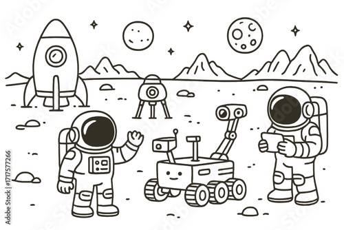 Astronauts and robot rover on an alien planet. Space exploration concept. Cartoon vector outline illustration for coloring book with rocket ship, lander, and planets in cosmos.
