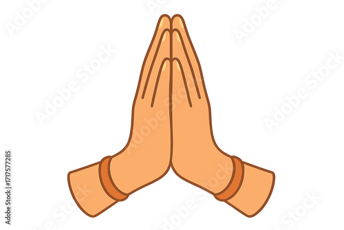 Welcome gesture of hands in Namaste mudra with two folded hands in flat vector illustration, spiritual greeting, prayer pose, cultural respect symbol, cartoon style