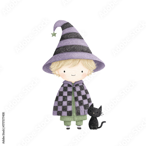 Cute Wizard Boy with Black Cat Halloween Illustration Watercolor Style.