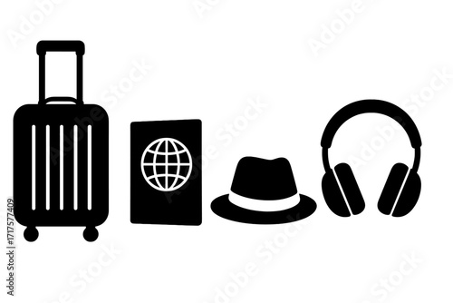 Travel essentials icon set. Luggage, passport, headphones, and hat silhouettes. Vacation, tourism, and journey concept. Airport and flight accessories. Simple flat vector.