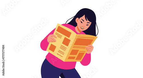 Charming vector illustration of a woman engrossed in reading a newspaper