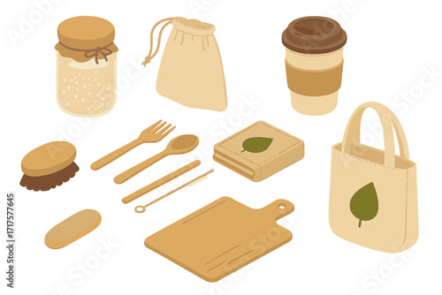 Eco-friendly zero waste items collection. Sustainable lifestyle kitchen essentials. Reusable wooden utensils, tote bag, coffee cup, and jar. Isometric vector illustration set.