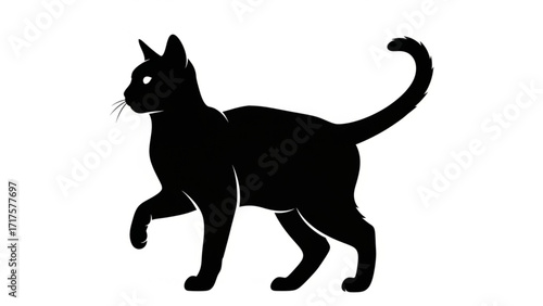 Silhouette of a black cat walking gracefully against a plain white background