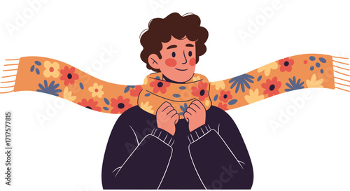 Stylized illustration of a person wearing a vibrant floral scarf in winter