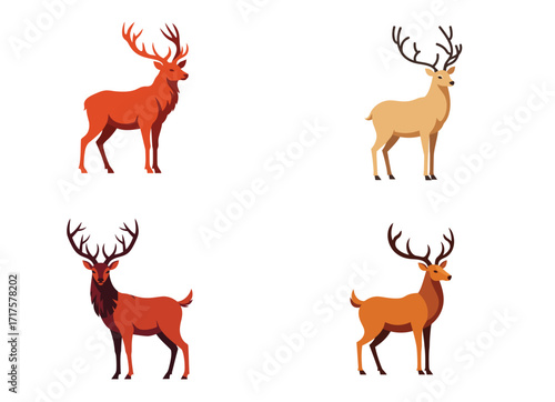 Elegant deer variations in diverse autumnal color palettes on white backdrop