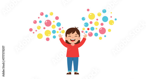 Joyful cartoon child with outstretched arms amidst floating colorful bubbles