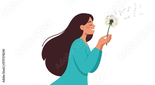 Serene moment a woman making a wish blowing on a dandelion seeds airborne