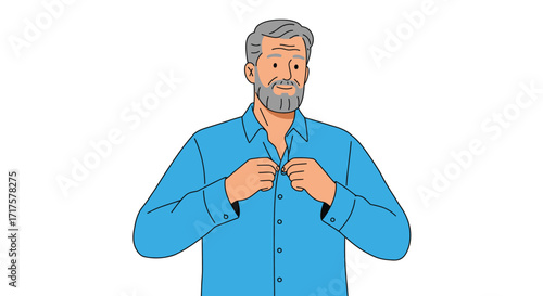 Vibrant flat vector of a man buttoning his shirt on stark background