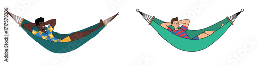 Two men relaxing in hammocks against a clean white background illustration