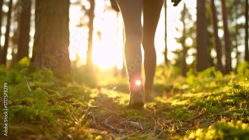 Woman Hiking Through Sunny Forest Path at Sunset