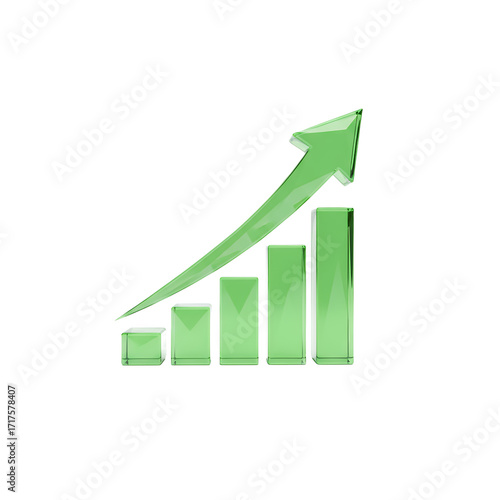 Glass bar graph with upward arrow, showing growth and progress, 3D rendering, green color, business success, financial chart, data visualization