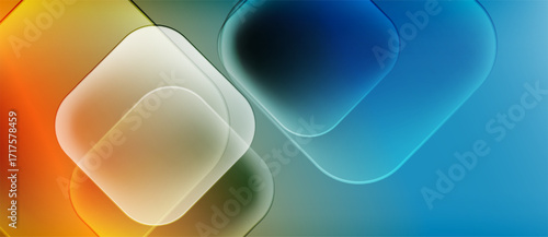 Abstract composition featuring rounded squares, gradients. Warm colors transition into cool blues. Soft lighting creates depth, visual interest.