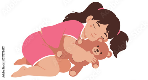Peaceful Slumber: Young Girl Comfortably Sleeping with Teddy Bear