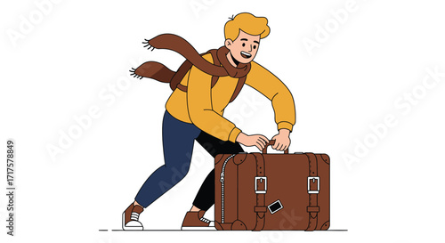 Stylized vector illustration of a traveler zipping up suitcase for a trip
