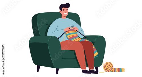Relaxing hobby illustration of a person knitting a colorful scarf at home