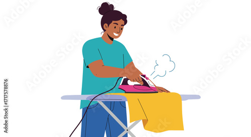 Vibrant vector illustration of a person ironing clothes on a white background